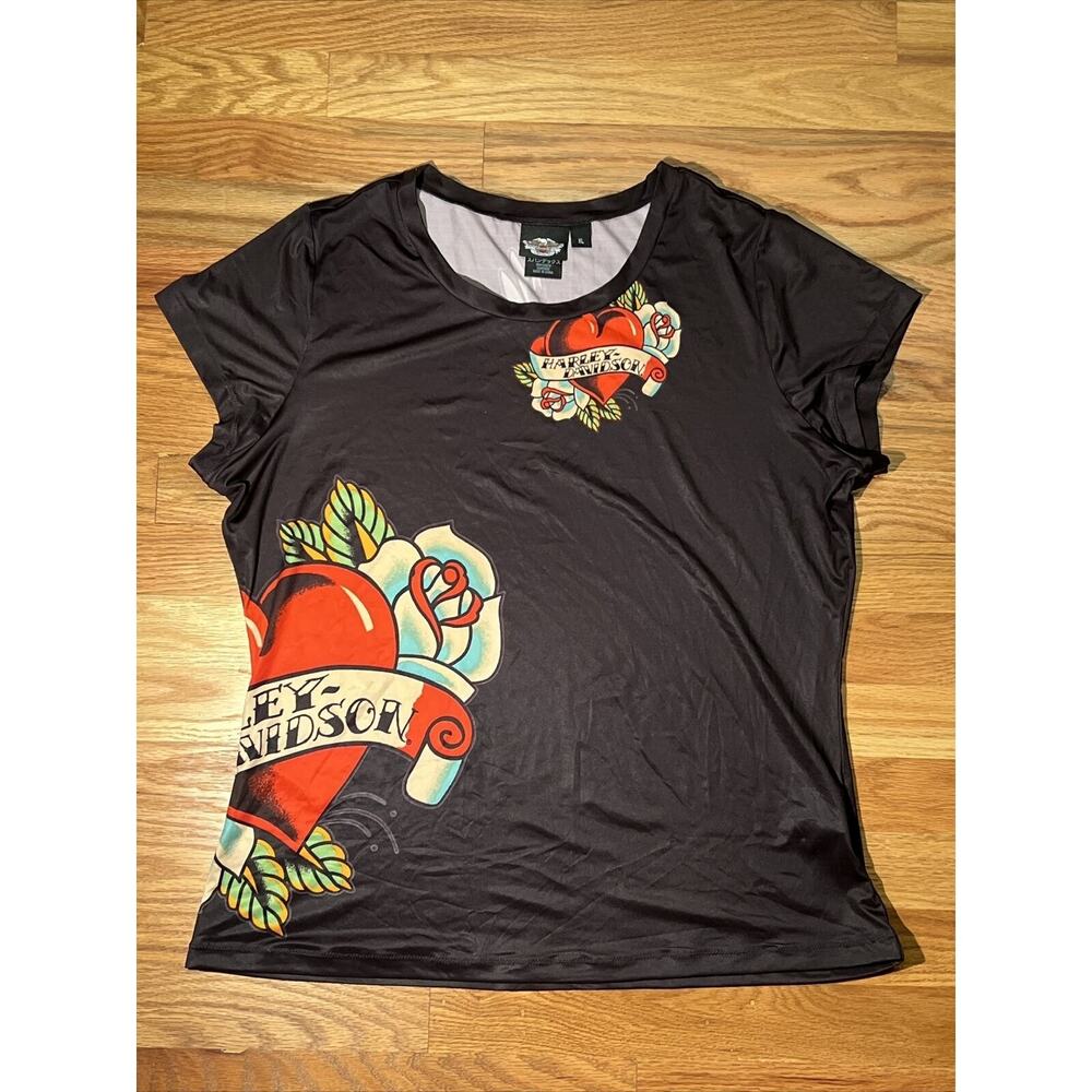 Vintage 2008 Heart tattoo Womens Harley Davidson Black Satin Tee Shirt Size XL